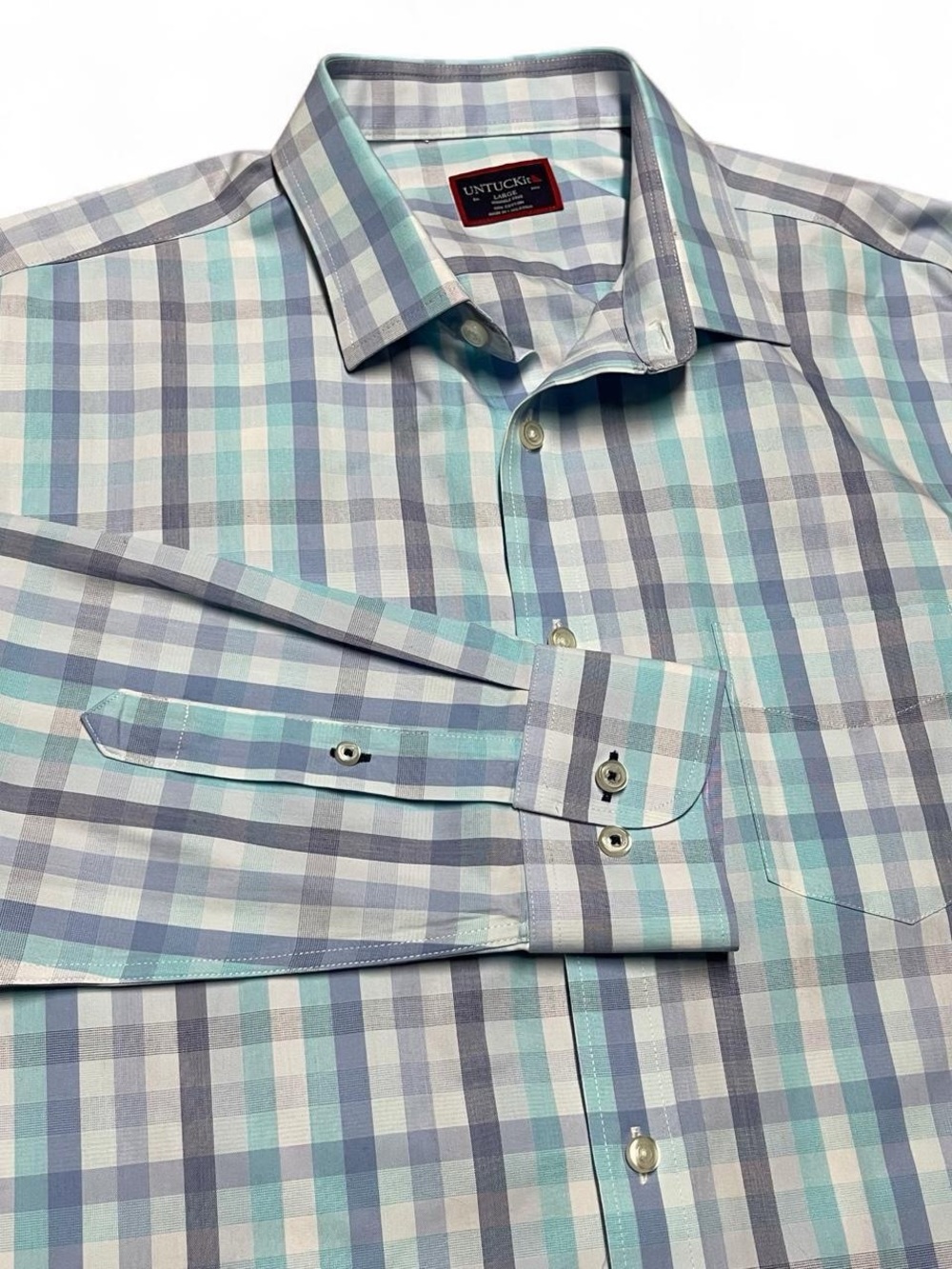 UNTUCKit Blue Green Plaid Wrinkle Free Button Down Shirt Men's SIze Large Office
